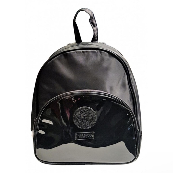 Versace Parfum Medusa Head Black Faux Patent Leather Nylon Backpack - Picture 2 of 7